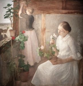Girls tending flowers by Karoly Ferenczy