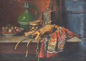 Stillleben mit Rucksack, Stock Krug und Zwiebeln by Karoly Bachmann