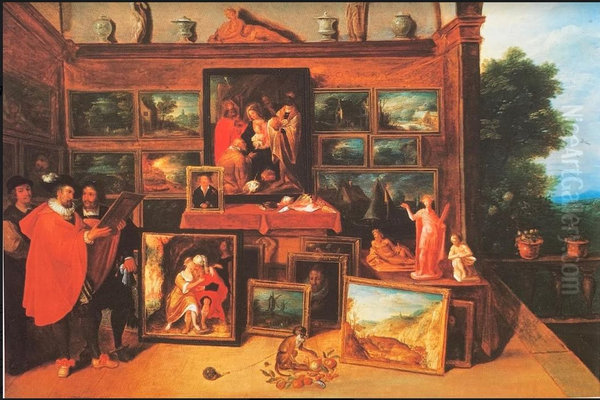 An art gallery with a collector holding a painting and the curator holding keys with a monkey in the foreground - view 1