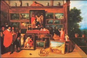 Kunstliefhebbers in een kunstgalerij; op de voorgrond een geketend aapje en rechts een doorkijk in een landschap