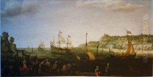 Disembarking from a ship on a beach and fishers with their catch by Adam Willaerts