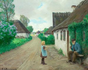 A village road with a young girl talking to old Jens Wilhelm of Jyllinge, aged 93.