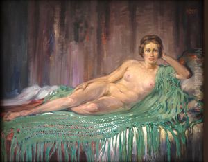 Liegender Akt mit gruner Decke by Albert Konig