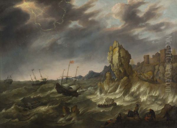 Ships on a rocky coast during a storm - view 1