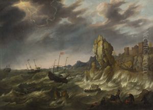 Schepen in moeilijkheden voor een rotsachtige kust