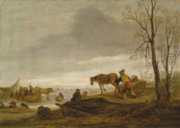 A winter landscape with figures on a frozen river - view 1