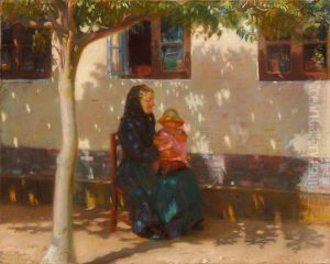 A woman from Skagen sitting with the infant Helga Ancher in front of a white house. by Anna Ancher