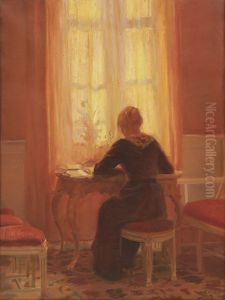 Den rode stue. Interior med kunstnerens datter Helga. by Anna Ancher