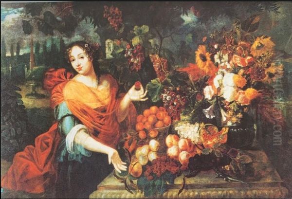 Jonge vrouw bij een tafel, versierd met bloemen en fruit - view 1