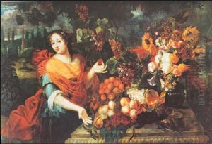Jonge vrouw bij een tafel, versierd met bloemen en fruit