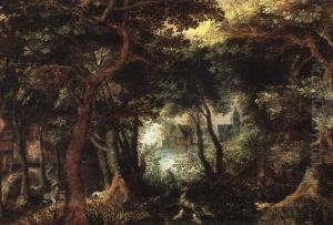 Wooded landscape with a deerhunt and a vieuw on a village
