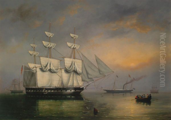 The Royal YachtFairywith Queen Victoria on board, making her way through ships of the fleet anchored in Spithead - view 1