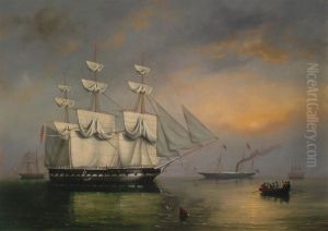 The Royal YachtFairywith Queen Victoria on board, making her way through ships of the fleet anchored in Spithead by Philip John Ouless