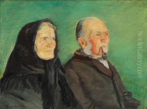 A golden jubilee couple from Skagen against a green backdrop. A golden jubilee couple from Skagen against a green backdrop.