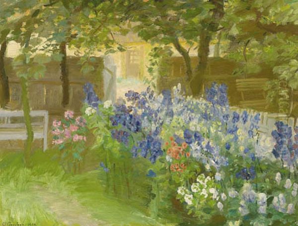 Blomster i Brondums have, udsigt mod "Rullestuen". - view 1