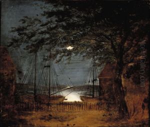 Ships in a moonlit harbour. Ships in a moonlit harbour.
