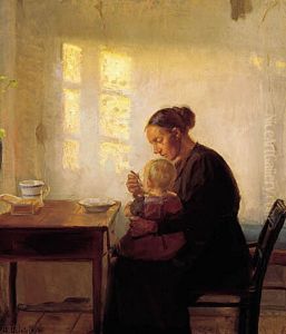 En mor med sit barn i en sollys stue. by Anna Ancher