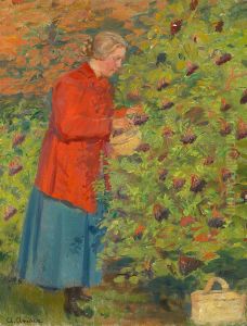 Helga Ancher picking elderberries. by Anna Ancher