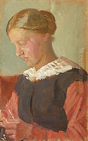 A seated young woman with her hair up. - view 1