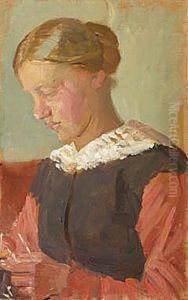 A seated young woman with her hair up. by Anna Ancher