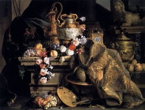Still life with art objects, flowers, fruits and painter's attributes