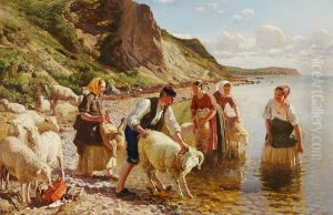 Women and a young man washing sheep at Refsnaes.