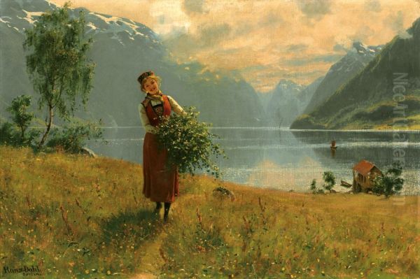 Junges Madchen mit Birkenzweigen vor einem norwegischen Fjord. - view 1