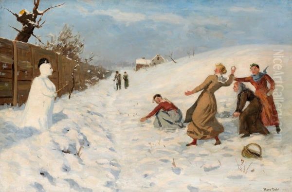 Snowball fight and snowman - view 1