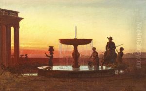 Evening scene with people at a well in Ariccia, Italy.