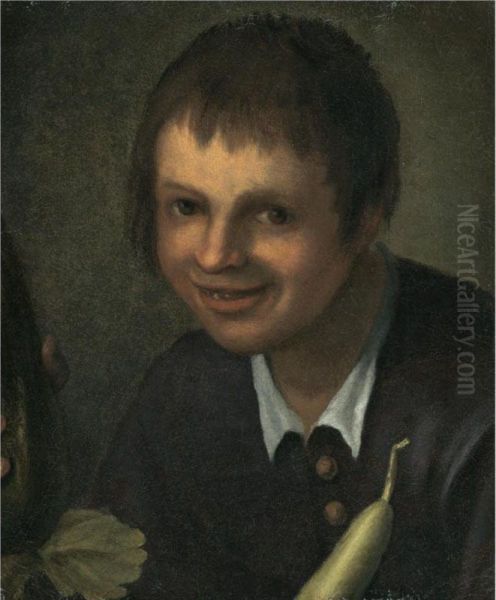 Portrait Of A Boy, Head And Shoulders, Brandishing Vegetables - view 1