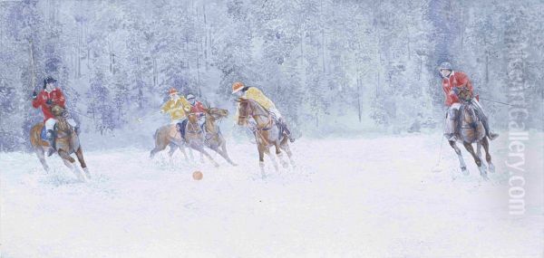 Le jeu de polo. St. Moritz. La Suisse. Aquarelle sur papier. 50 x 86 cm - view 1