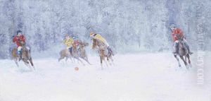 El juego del polo. St. Moritz. Suiza. Acuarela sobre papel. 50 x 86 cm.
