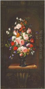 Flowers in a glass vase in a decorated niche by Daniel Seghers