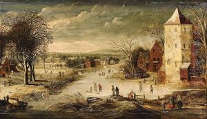 A Village Scene in Winter with Skaters by Philips de Momper (I)
