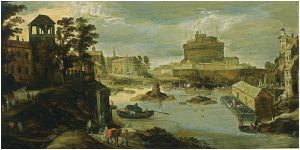 A view of the Castel Sant'Angelo, the Ponte d'Angelo and the Tiber in the foreground