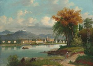 Blick uber Flusslauf auf eine Residenzstadt und Schlosshugel. Blick uber Flusslauf auf eine Residenzstadt und Schlosshugel.