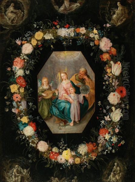 A garland of flowers around a medaillon with the Holy Family and a music making angel, on top and in the corners God the Father and the Four Evangelists en grisaille - view 1