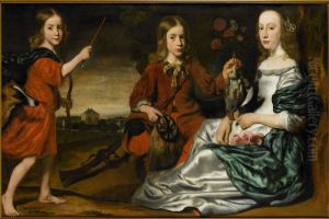 Group portrait of a young woman and two boys, dressed as hunters, in a landscape Group portrait of a young woman and two boys, dressed as hunters, in a landscape