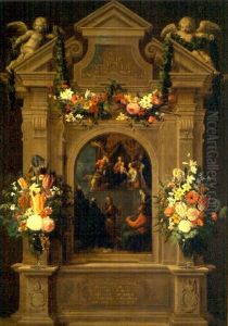 Het mystiek huwelijk van de heilige Catharina omringd door heiligen by Jan Anton van der Baren