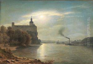 Eine Mondnacht an der Donau bei Schloss Persenbeug mit Dampfschiff