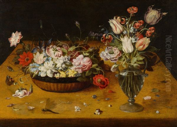 Still life with roses, tulips, carnations and other flowers in a Chinese lacquer basket and in a glass vase on a ledge - view 1