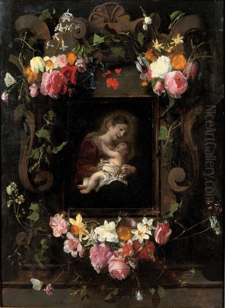 Steinkartusche mit Blumen und der Madonna mit dem Kind. - view 1