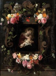 Steinkartusche mit Blumen und der Madonna mit dem Kind. Steinkartusche mit Blumen und der Madonna mit dem Kind.