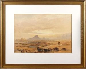 Two Figures Walking On A Beach With A Dog By A Rocky Headland