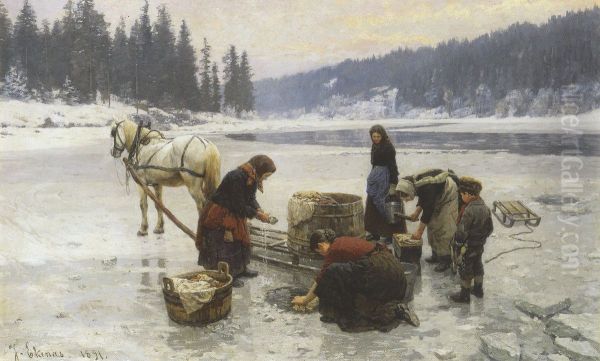 Women doing laundry through a hole in the ice. - view 1