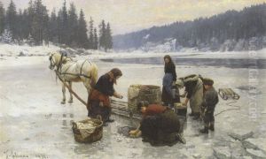 Women doing laundry through a hole in the ice. by Jahn Ekenaes