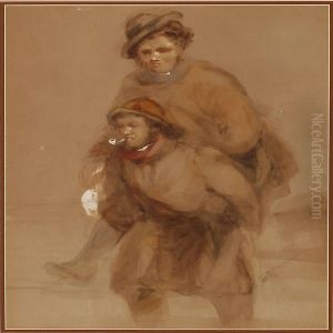 Beach Scene With A Fisherman Carrying An Elderly Womanashore by George Bryant Campion