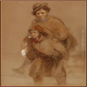 Beach Scene With A Fisherman Carrying Anelderly Woman Ashore by George Bryant Campion