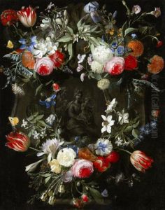 Holy Family in a wreath of flowers by Daniel Seghers