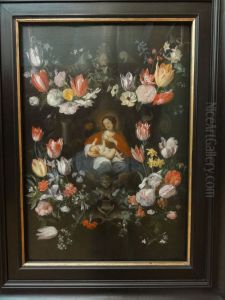 Cartouche with flowergarlands surrounding a depiction of the Holy Family